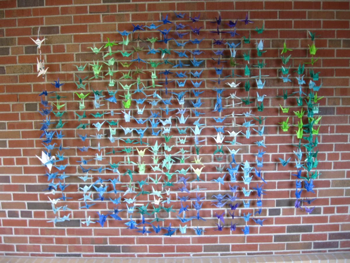 An art display made out of origami cranes of the world in the hallway heading towards the world language wing at PHS.